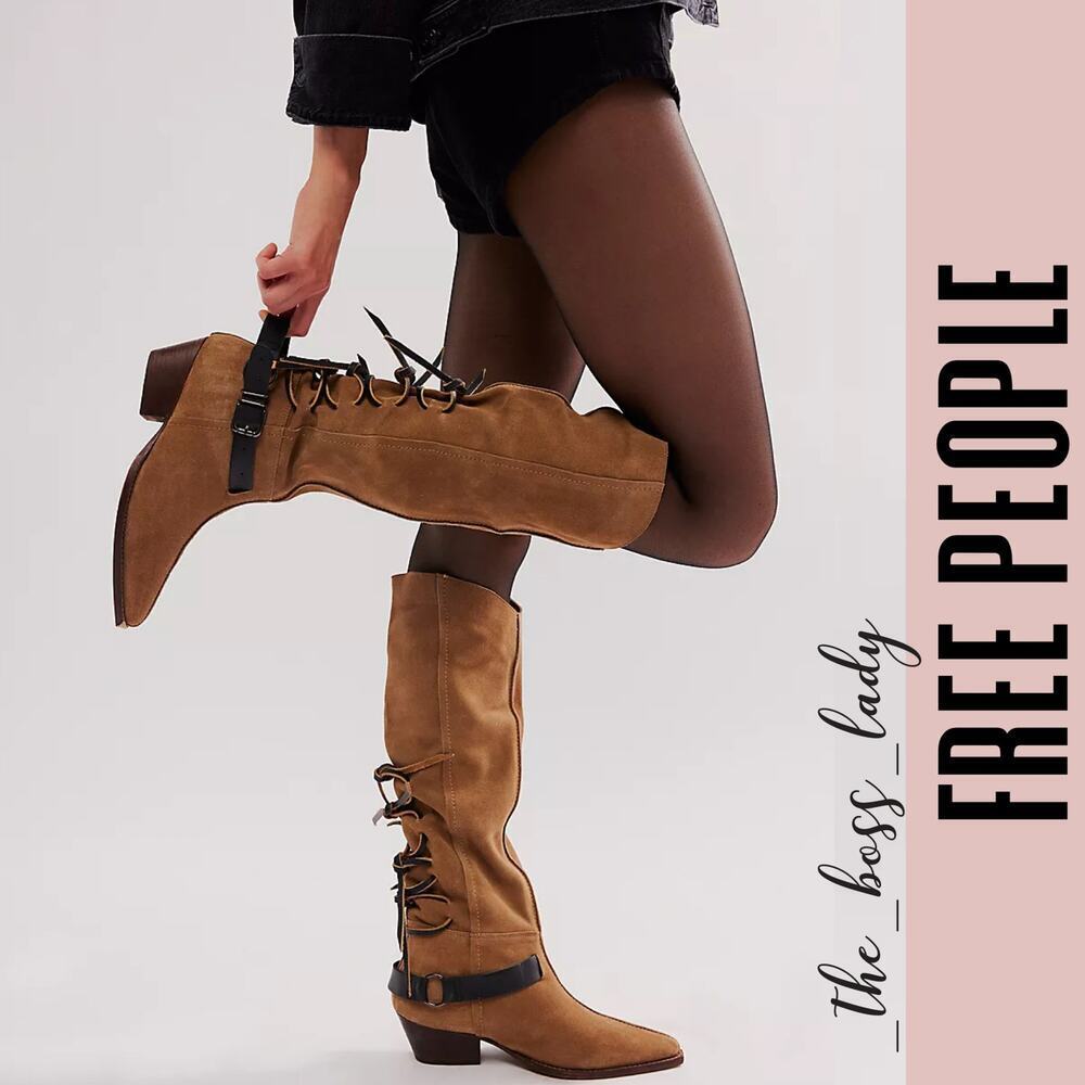 Free People slouch boots back-lace slouchy tall boots leather suede fringe - Picture 4 of 12